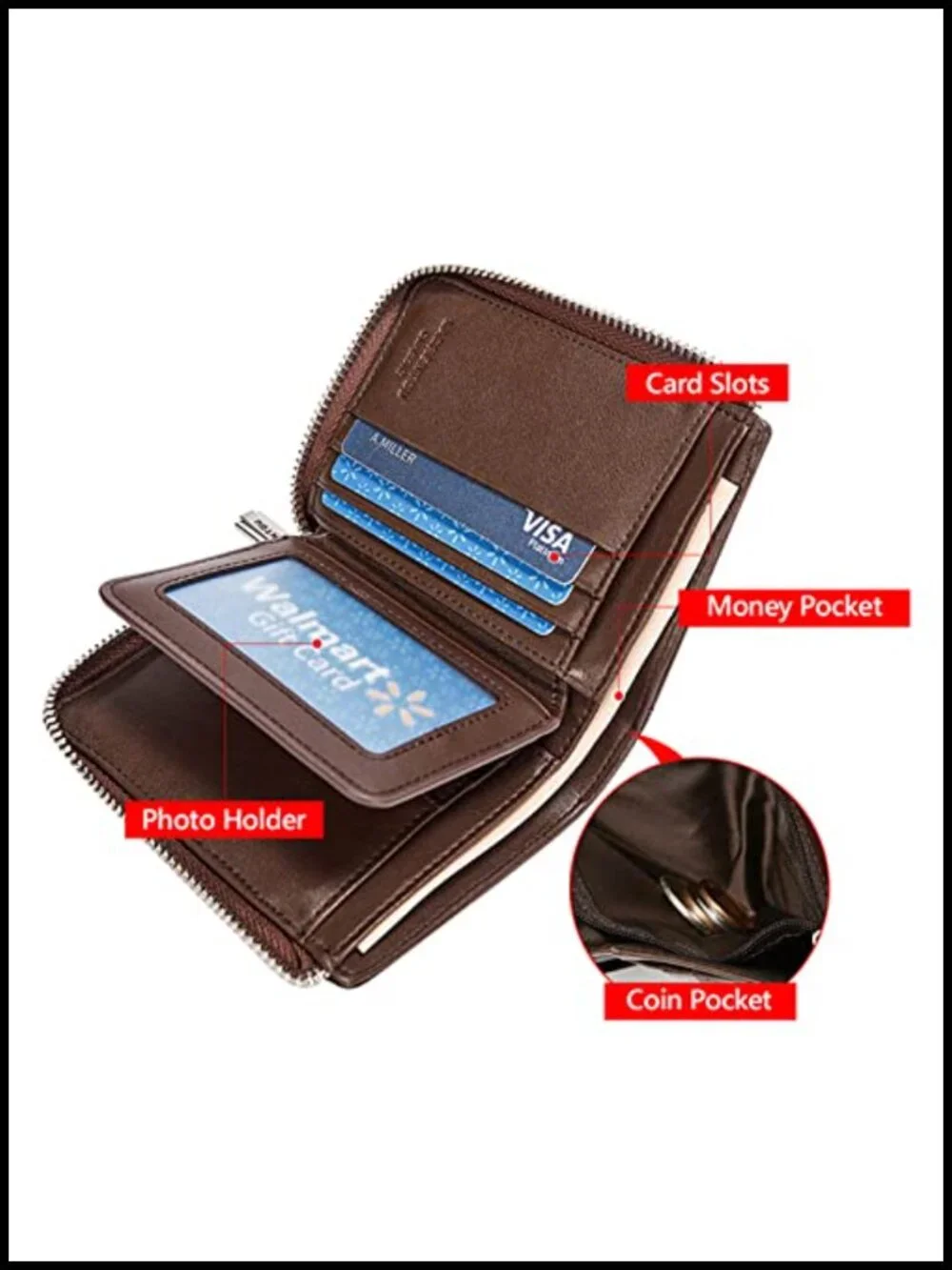 Genuine Leather RFID Blocking Bifold Wallet with Zipper Coin Purse